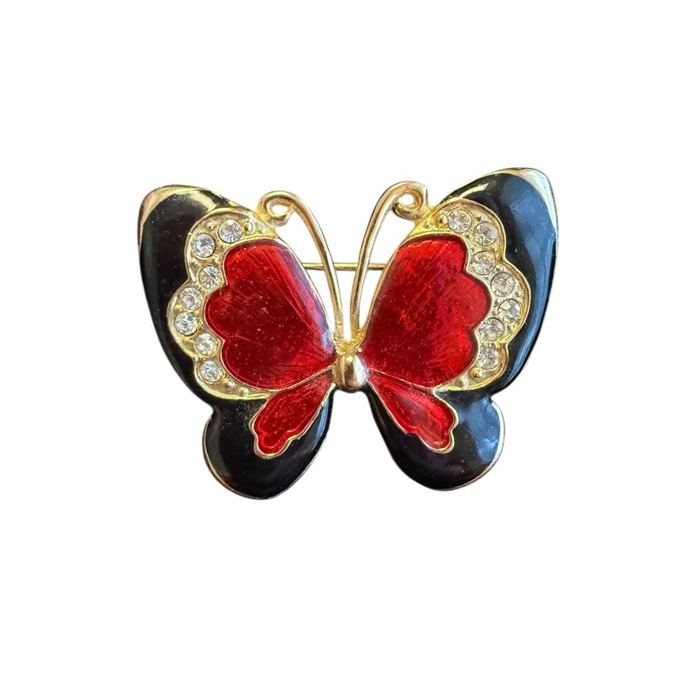 Enamel Butterfly Brooch Pin With Rhinestones Gold-Tone Red & Black Accents
